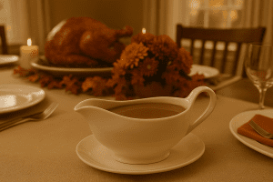 Gravy boat on table