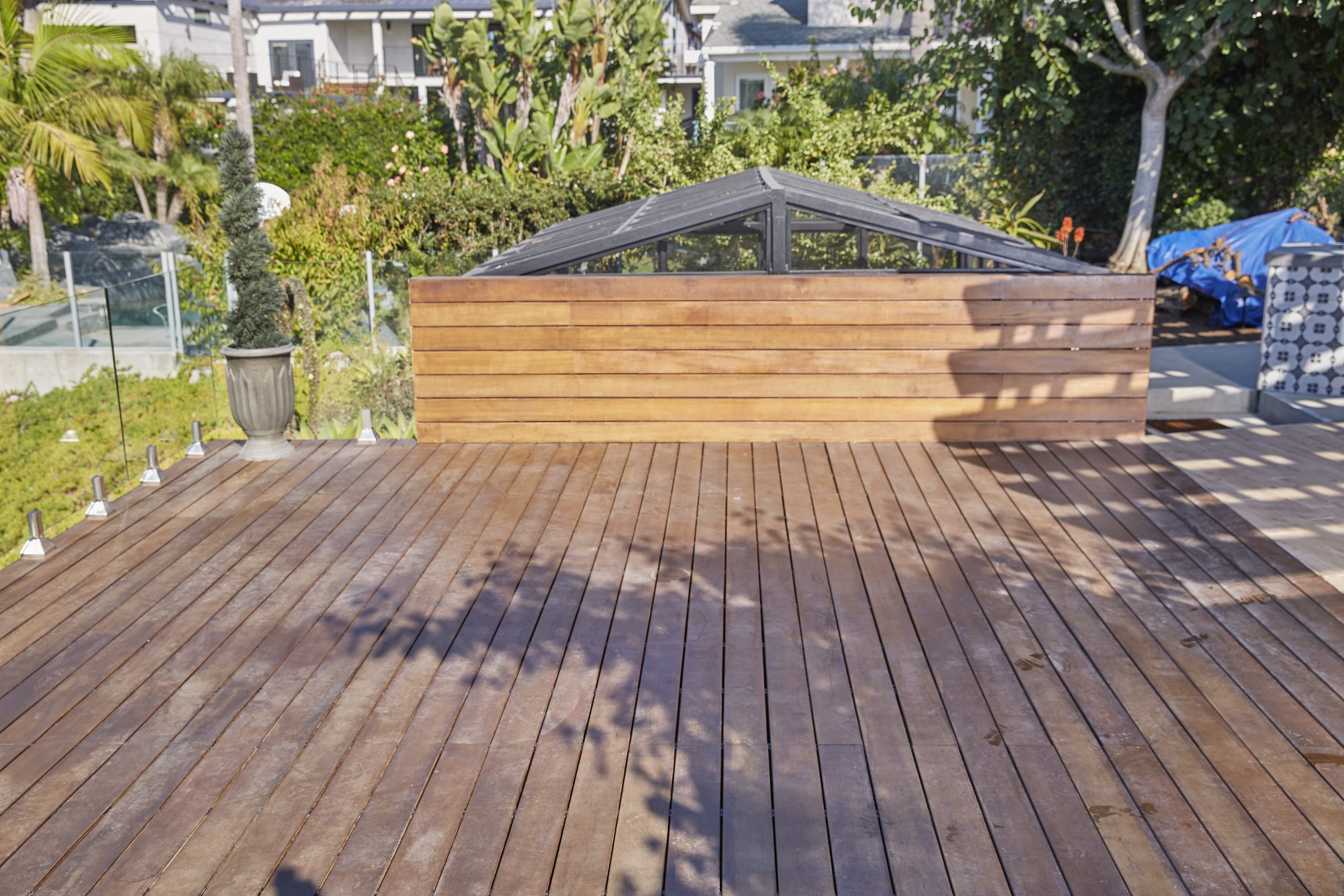 A wide shot of a deck on a sunny day.
