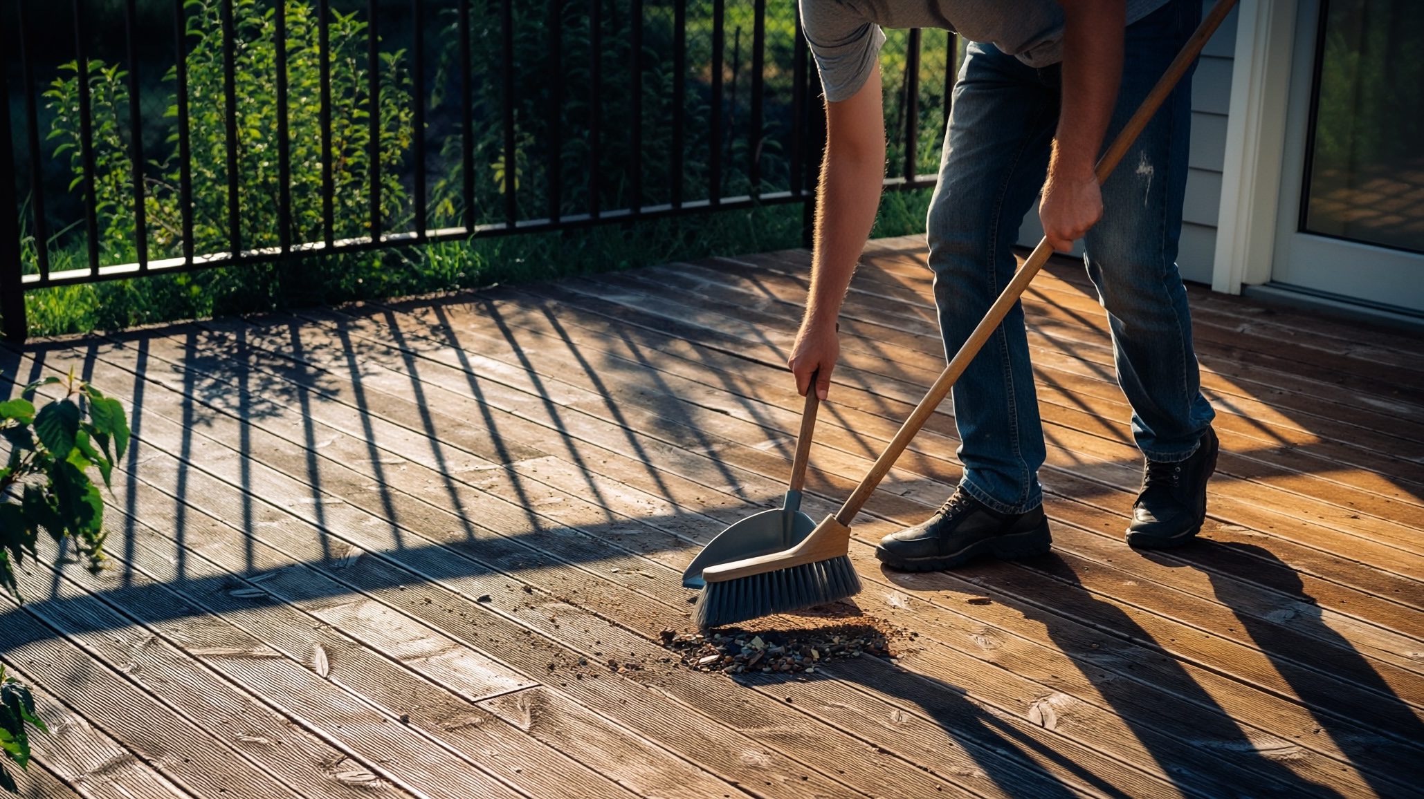 Man sweeping a deck.