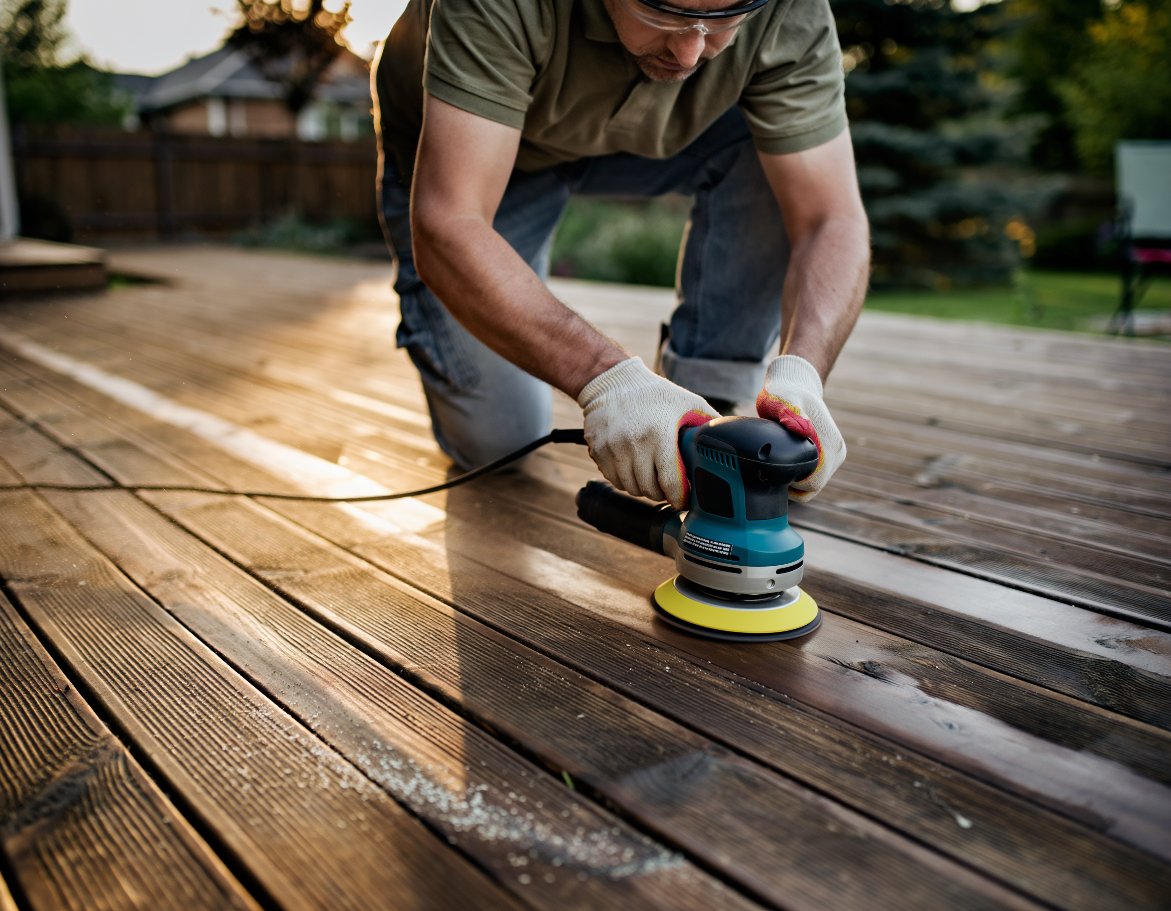 Man sanding a deck.